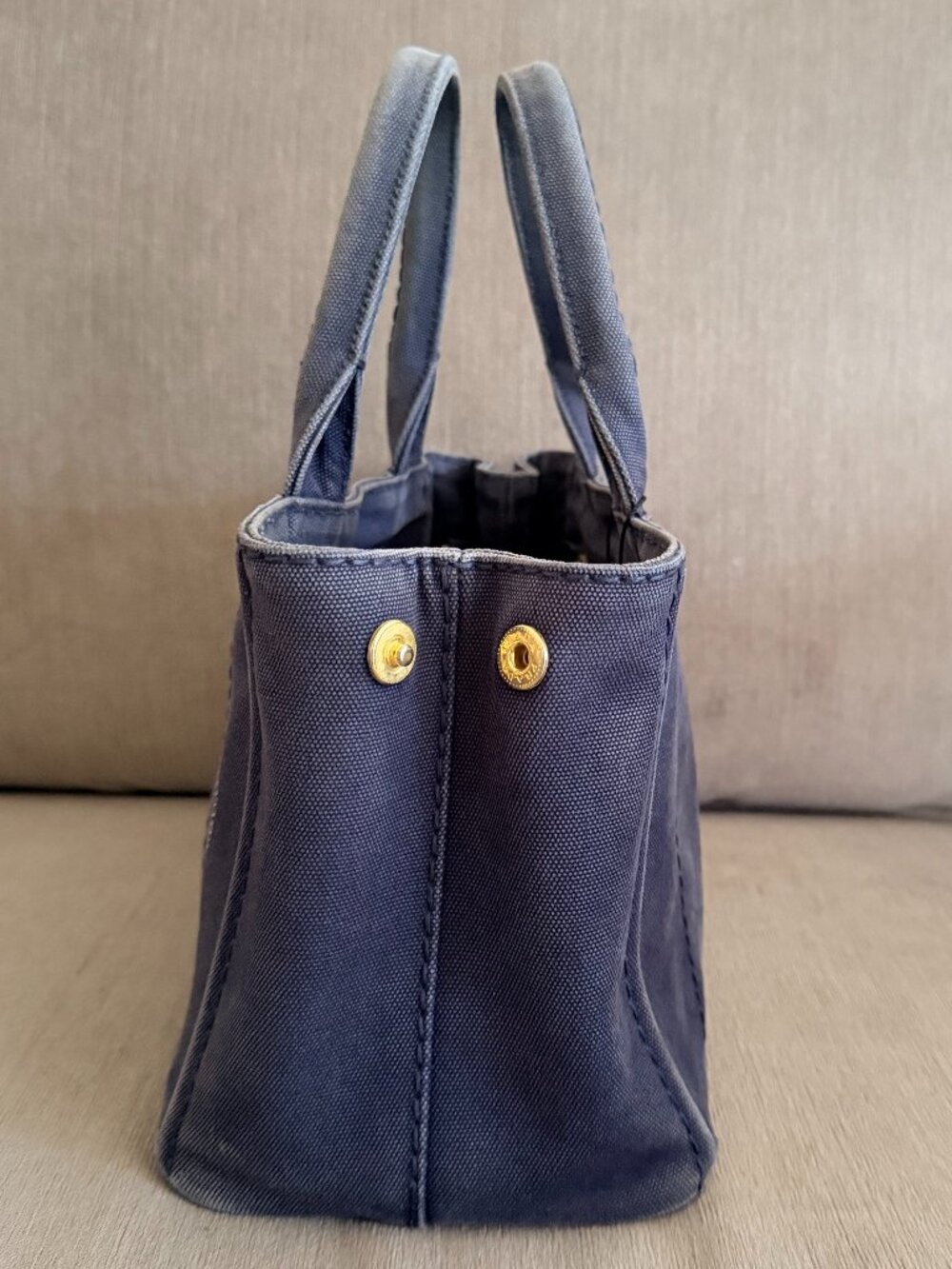 Prada Canapa Mini Tote Navy Blue đź’™ Canvas Logo Bag Authentic - Picture 3 of 6